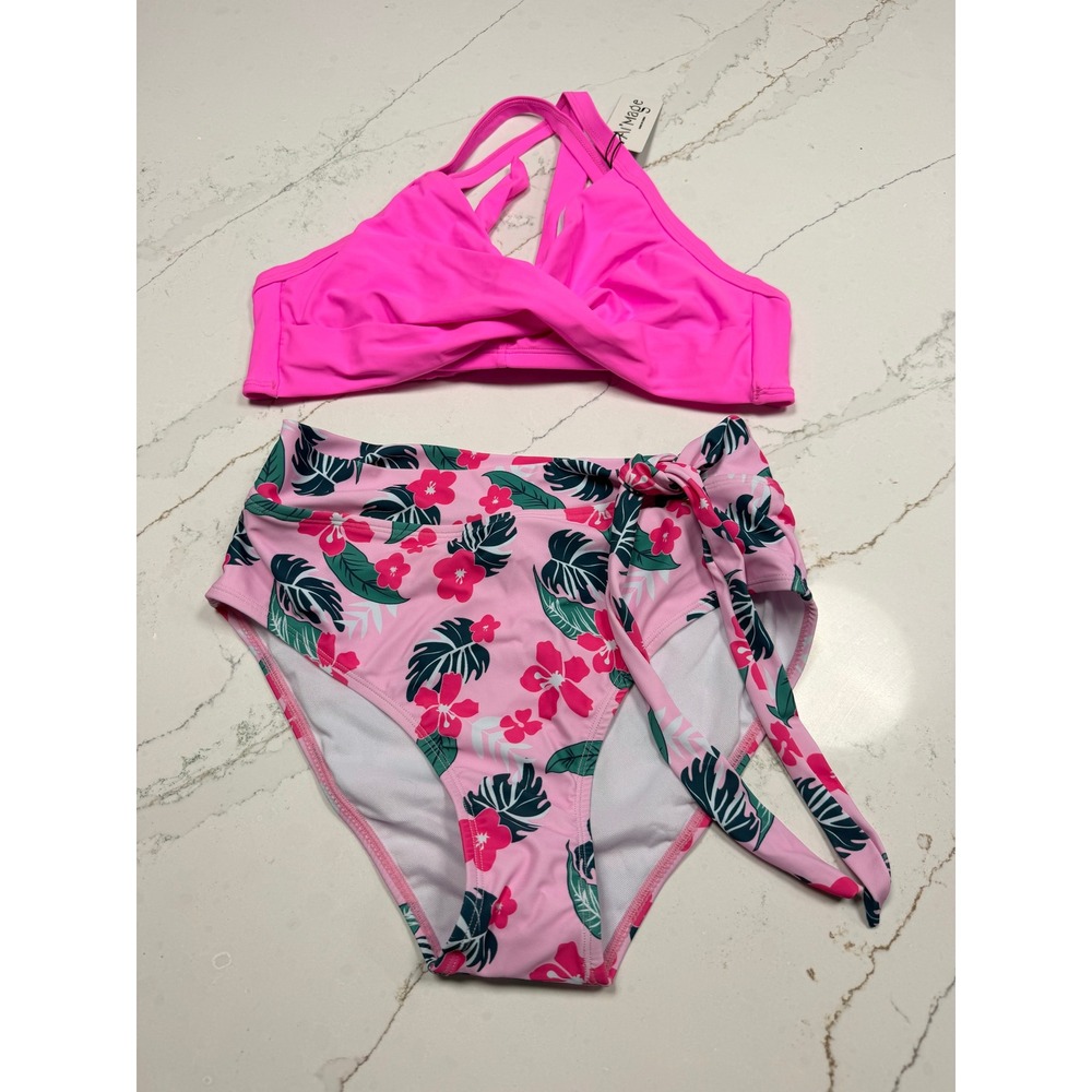 Ai'Mage Womens Pink Tropical Floral High Waisted Bikini Set Halter Twist Top NEW